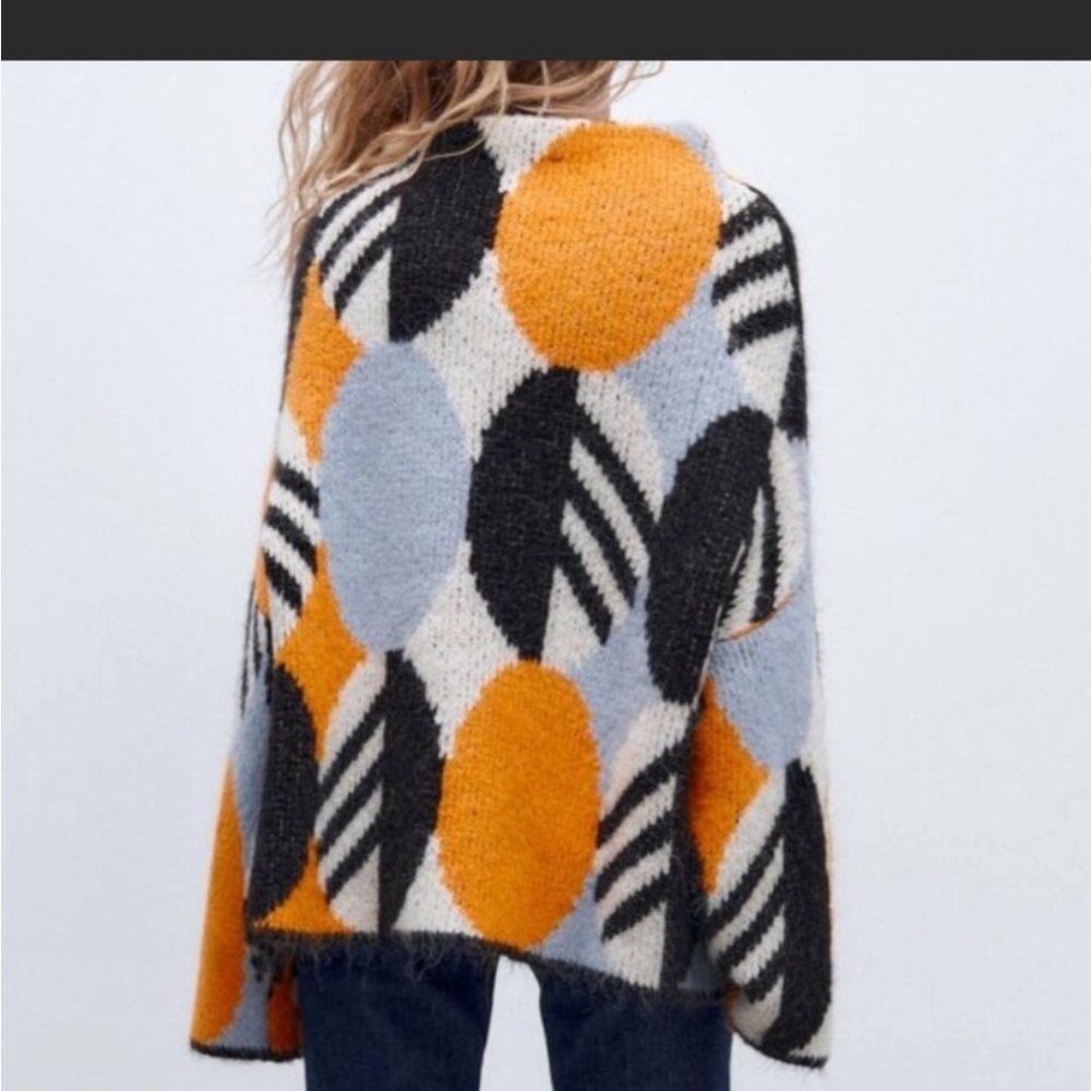 NWT Zara Sweater Dolman Sleeve Chunky Geometric Cozy Mock Turtle Ivory Black - Picture 4 of 10